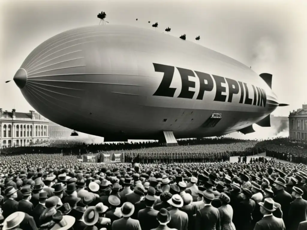 Multitud impresionada observa zeppelin en plaza de la ciudad, reflejando la influencia de zeppelins en la cultura popular del siglo XX