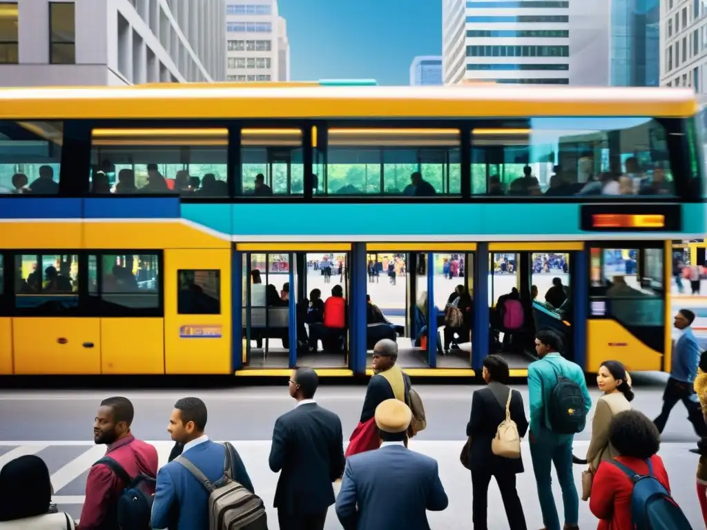 Multitud en parada de autobús, reflejo de la economía y tarifas dinámicas del transporte urbano