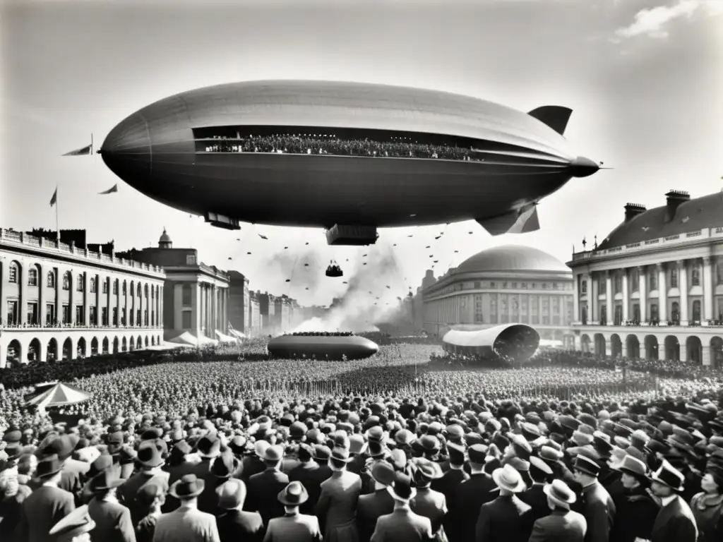 Una multitud se reúne en una plaza de la ciudad mientras un imponente dirigible Zeppelin flota en el cielo