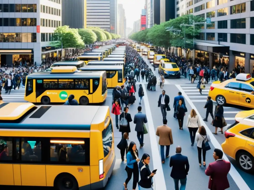 Multitud urbana espera transporte, usando apps en smartphones