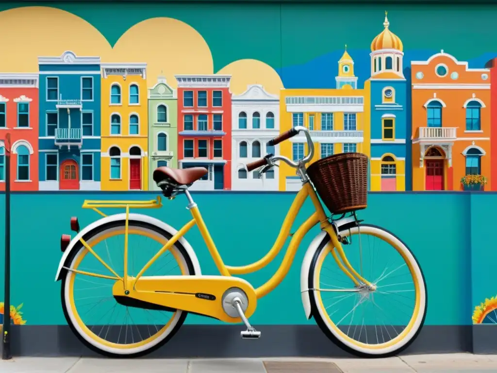 Un mural urbano vibrante destaca una bicicleta histórica en colores vivos, resaltando la importancia de la bicicleta en el muralismo moderno