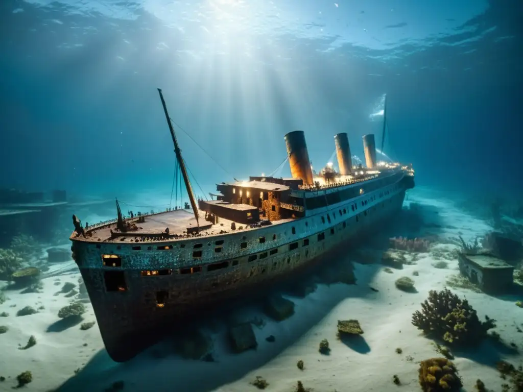 Naufragio famoso: el Titanic y la seguridad marítima en una imagen detallada y conmovedora del pecio iluminado por la luz natural en el fondo del mar