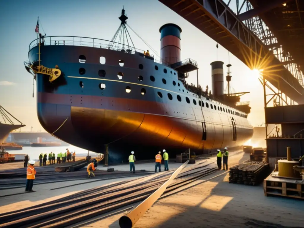 Construcción naval de barcos de acero durante la Revolución Industrial, reflejando innovación y progreso