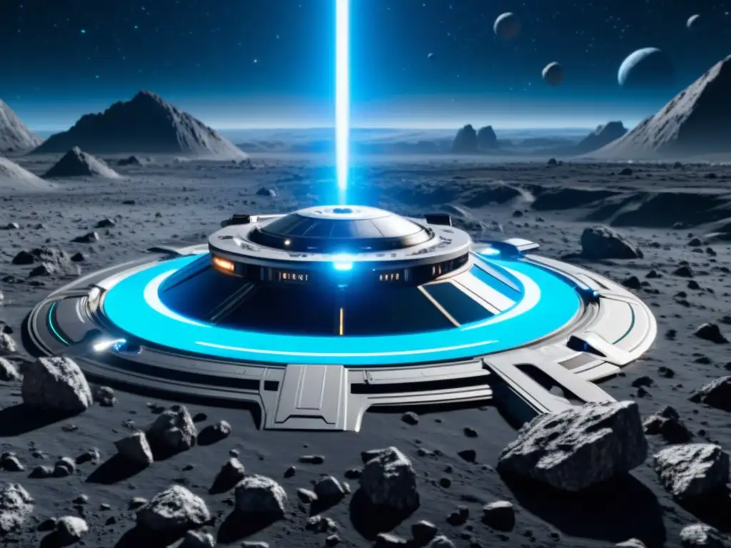Espacio futurista: Nave con IA surca asteroides Una nave espacial futurista con inteligencia artificial en operaciones espaciales, navegando entre asteroides con elegancia y tecnología avanzada en 8k