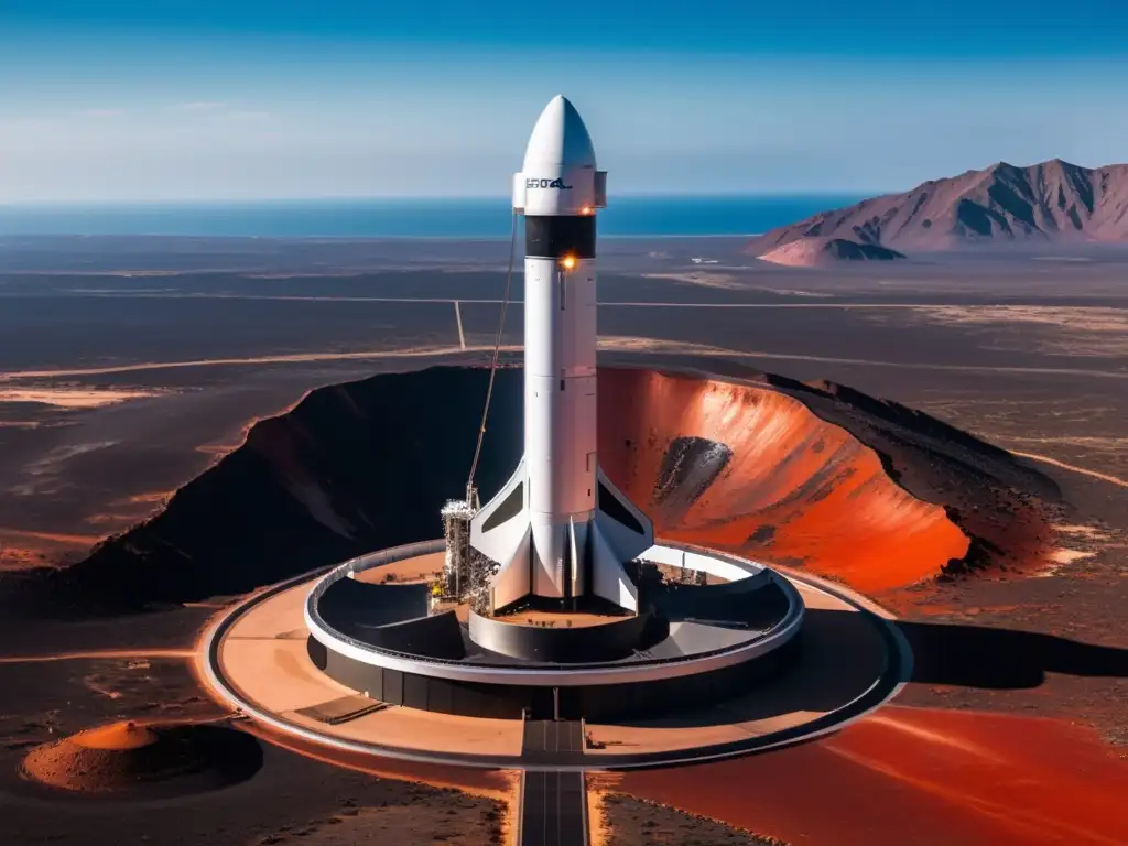 La nave espacial de SpaceX Starship se alza sobre el paisaje marciano, listo para la colonización de Marte por SpaceX