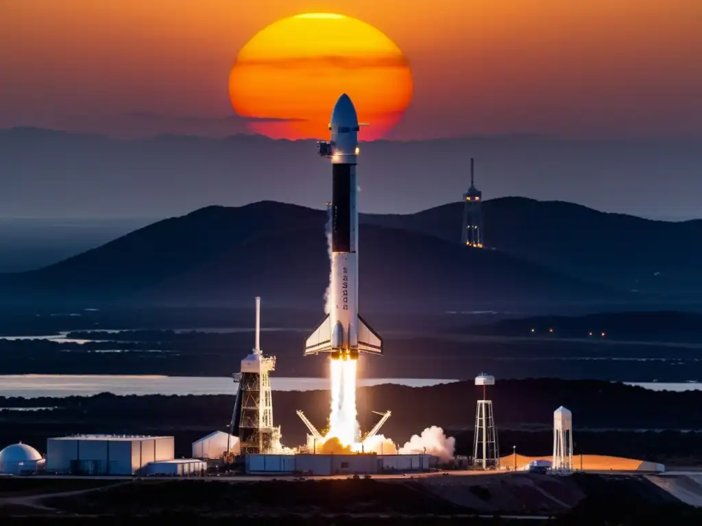 La nave espacial Starship de SpaceX en la plataforma de lanzamiento al amanecer, reflejando el sol