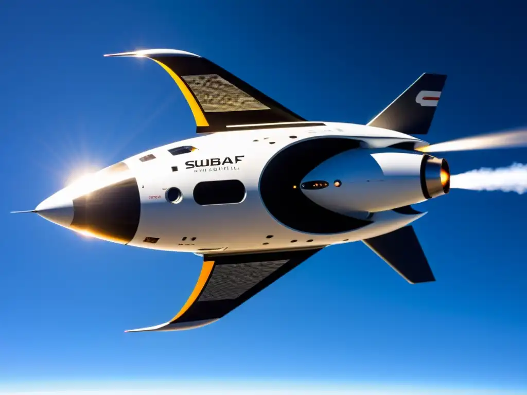 Una nave espacial suborbital futurista y elegante, con detalles metálicos relucientes, en contraste con un cielo azul claro