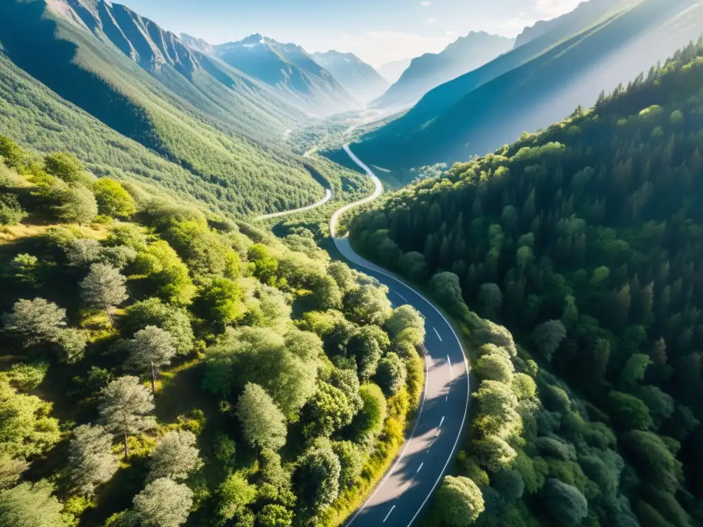 Navegación offline sin internet: Carretera montañosa serpenteando entre frondosos bosques con luz solar filtrándose a través de los árboles