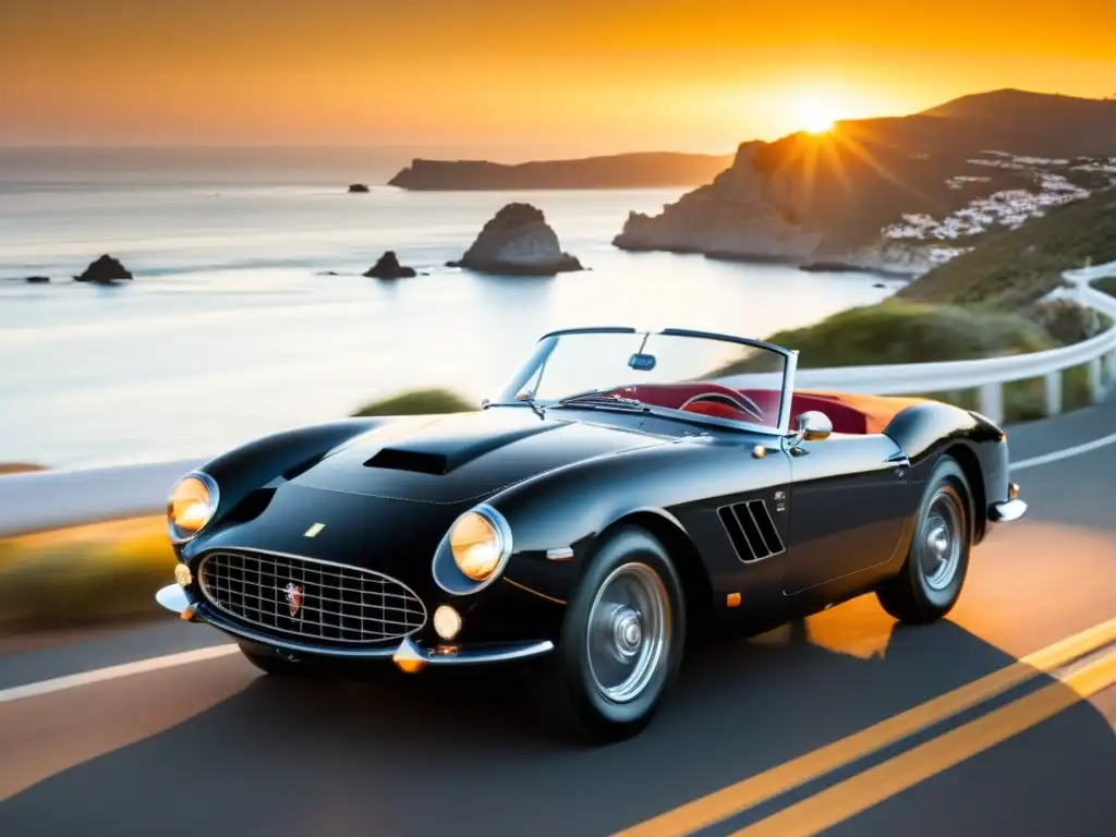 Un Ferrari 250 GT California Spyder negro recorre una carretera costera al atardecer, con un paisaje impresionante