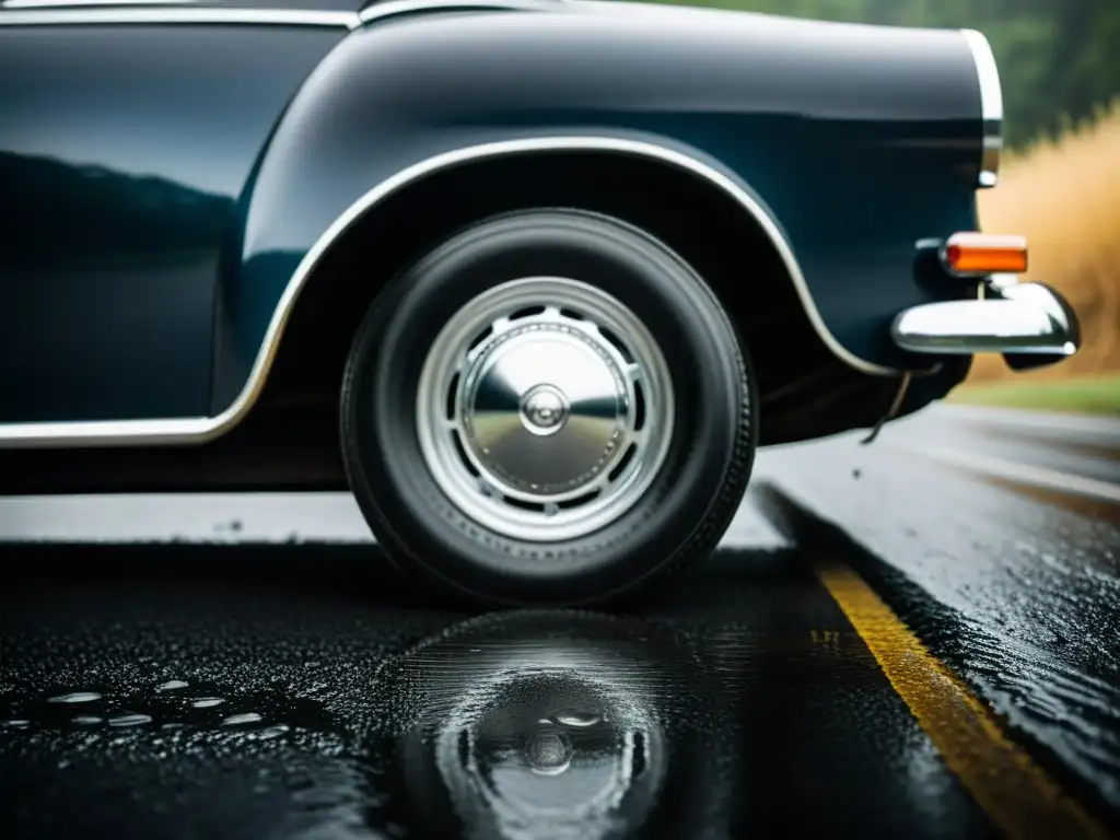 Neumático de coche vintage en deslizamiento controlado sobre carretera mojada