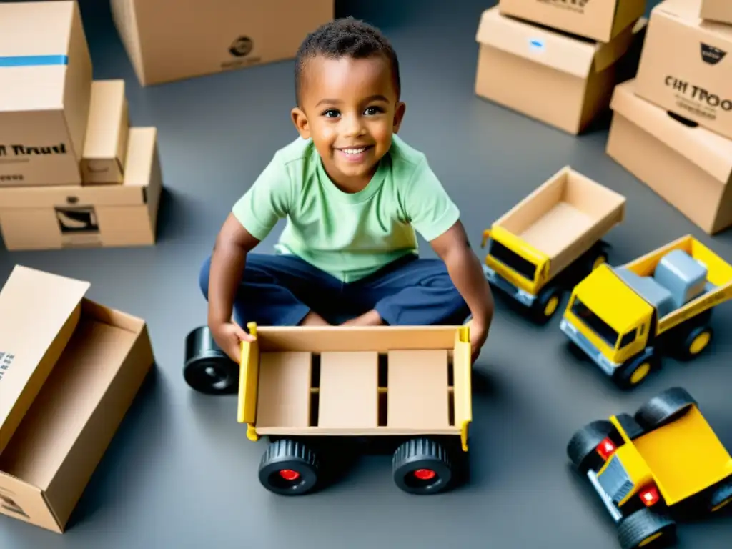 Un niño juega con un camión de juguete rodeado de carga, fomentando la imaginación y el aprendizaje en juegos de camiones para transporte de carga