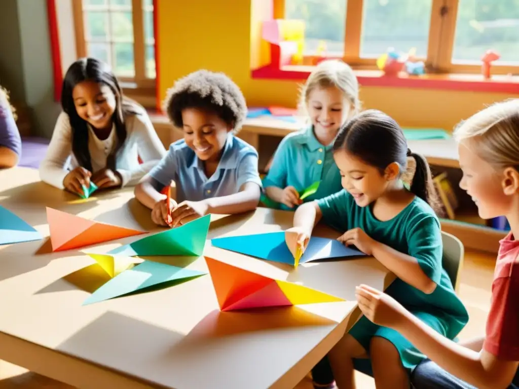 Niños creando aviones de papel con entusiasmo, inspiración y creatividad, en un ambiente lleno de energía y luz solar