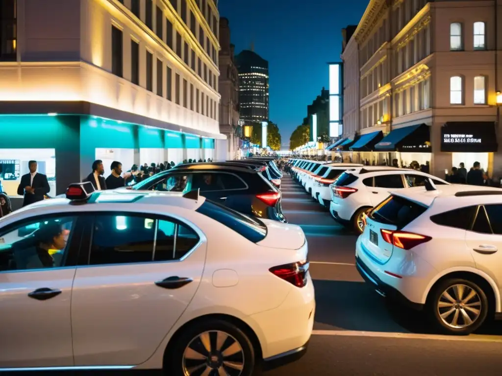 Una noche animada en la ciudad con autos de ride sharing brillantes frente a un lugar de vida nocturna