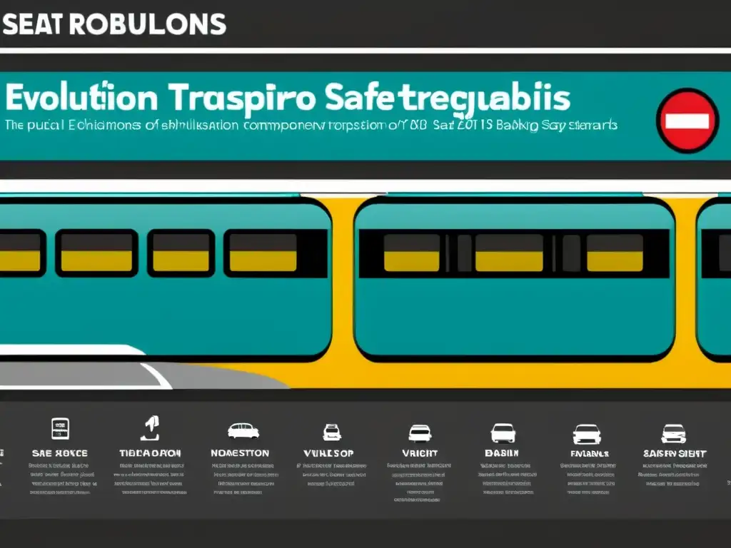 Una evolución de normativas de seguridad en el transporte público, desde asientos hasta sistemas de frenado automático, ilustrada en alta resolución