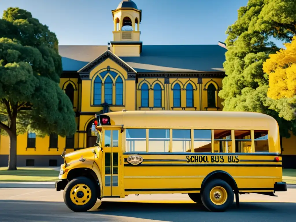 Una nostálgica fotografía de un autobús escolar vintage junto a un edificio histórico, capturando la importancia del transporte escolar en la historia