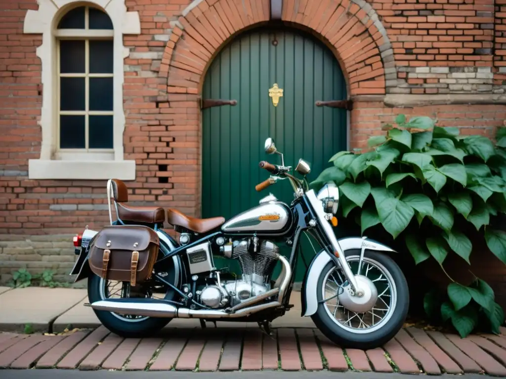 Una nostálgica evolución de la motocicleta, brillante bajo el sol, frente a un edificio de ladrillo envejecido con historia