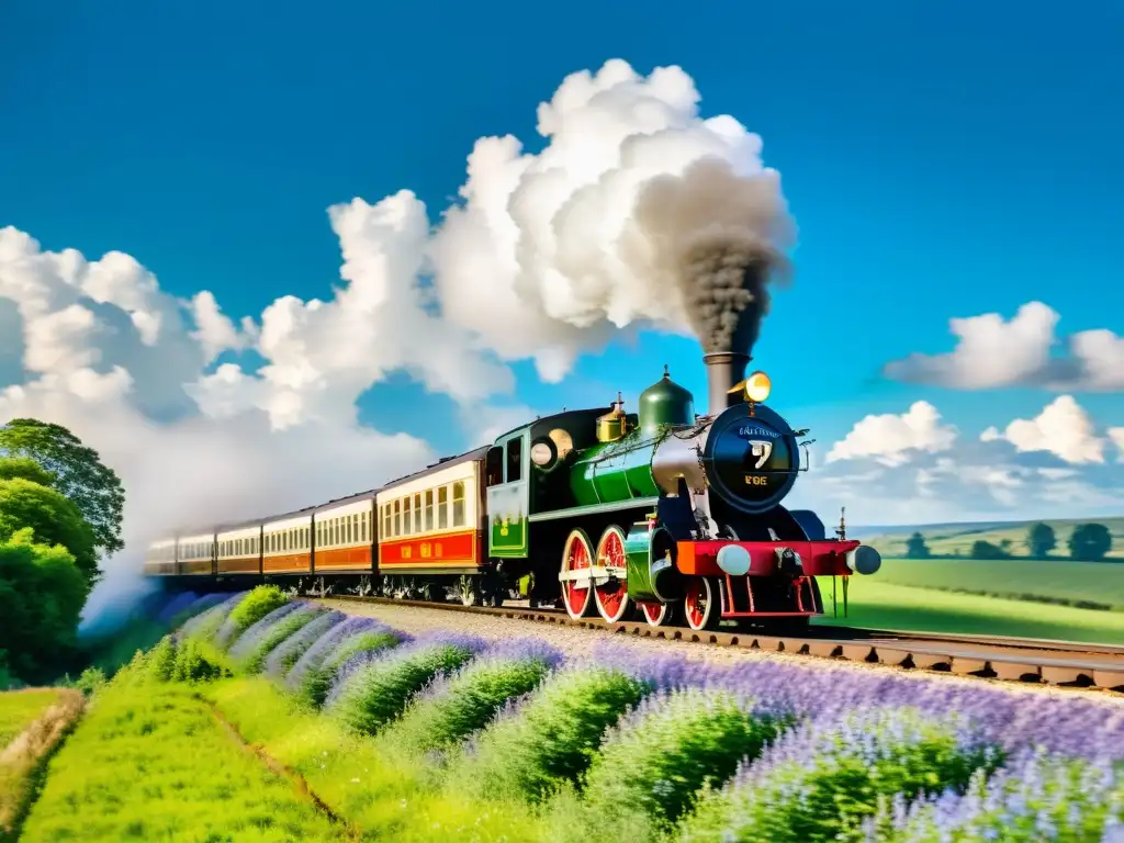 Un nostálgico tren a vapor recorriendo un exuberante paisaje, con nubes de vapor y pasajeros disfrutando del viaje