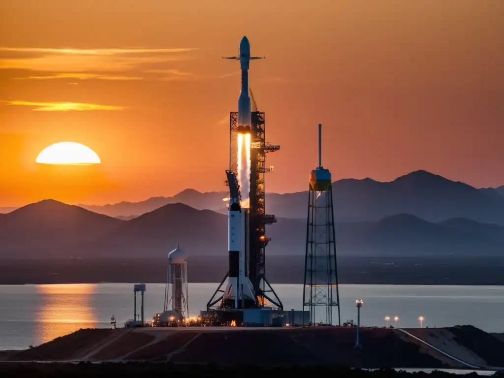 La nueva era espacial: Falcon 9 de SpaceX listo para el lanzamiento al atardecer, reflejando innovaciones tecnológicas