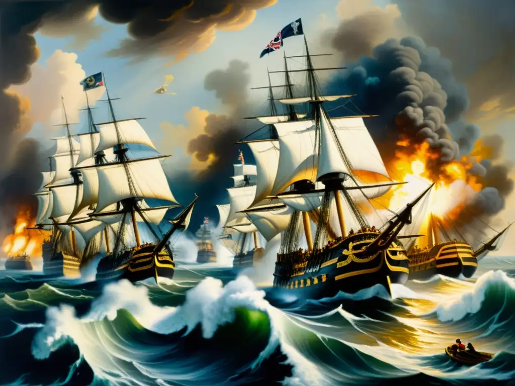 Obra de arte hiperrealista de la Batalla de Trafalgar, con detalles precisos de batallas navales, humo y expresiones intensas en los rostros de los marineros