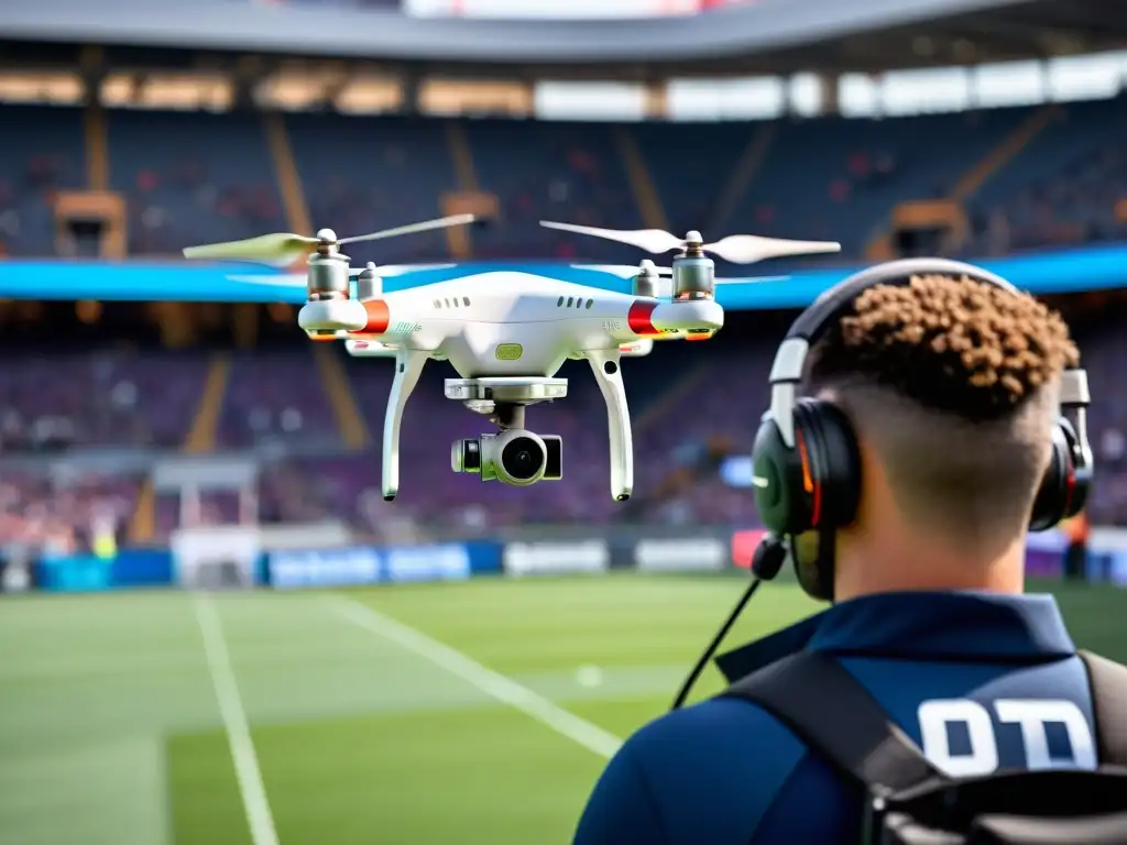 Un operador de drone profesional capturando imágenes aéreas emocionantes de un estadio deportivo, destacando las aplicaciones de drones en eventos deportivos y la importancia de las regulaciones legales y protocolos de seguridad