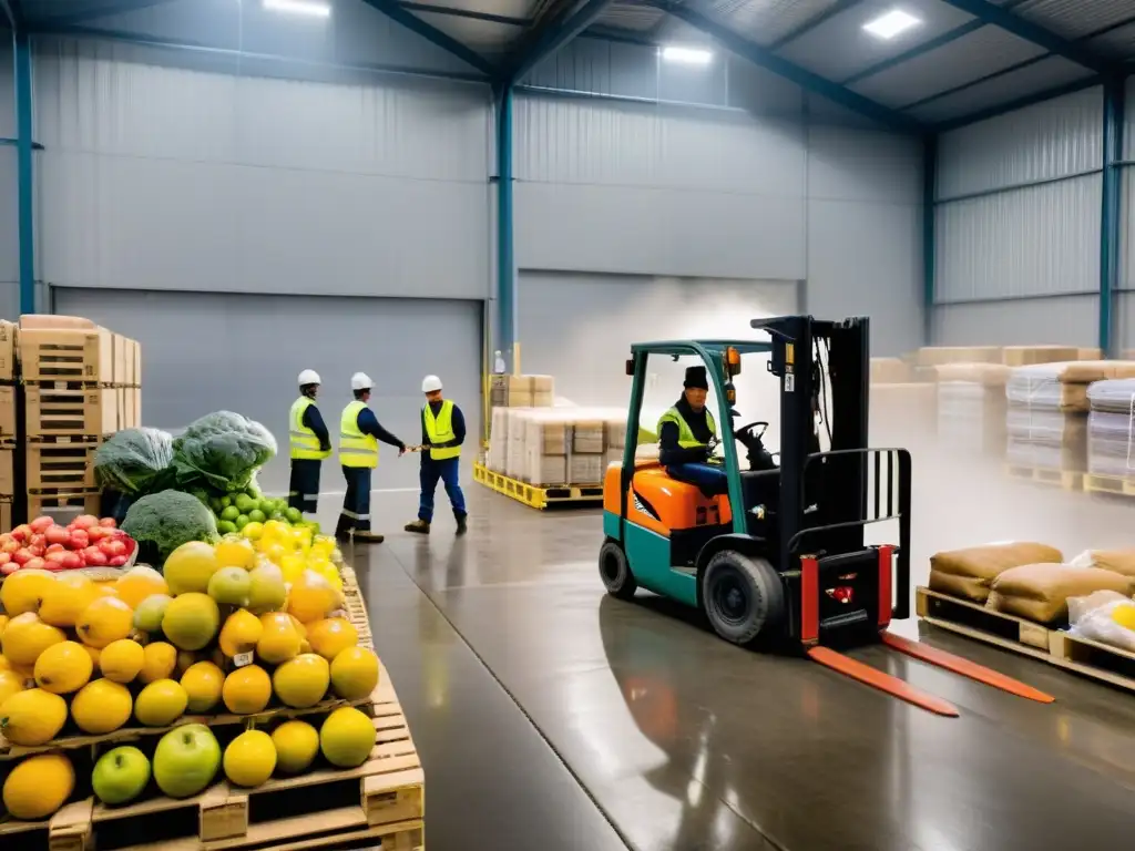 Operarios en chalecos y cascos descargan alimentos en almacén frío