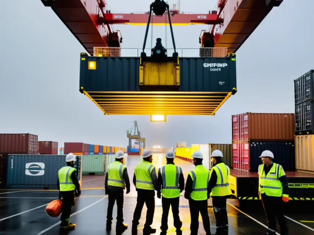 Operarios aseguran un contenedor refrigerado en un puerto con tendencias emergentes en logística de transporte frío