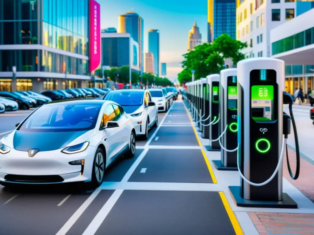 Oportunidades de negocio en vehículos eléctricos: Una ciudad bulliciosa con estaciones de carga para autos eléctricos