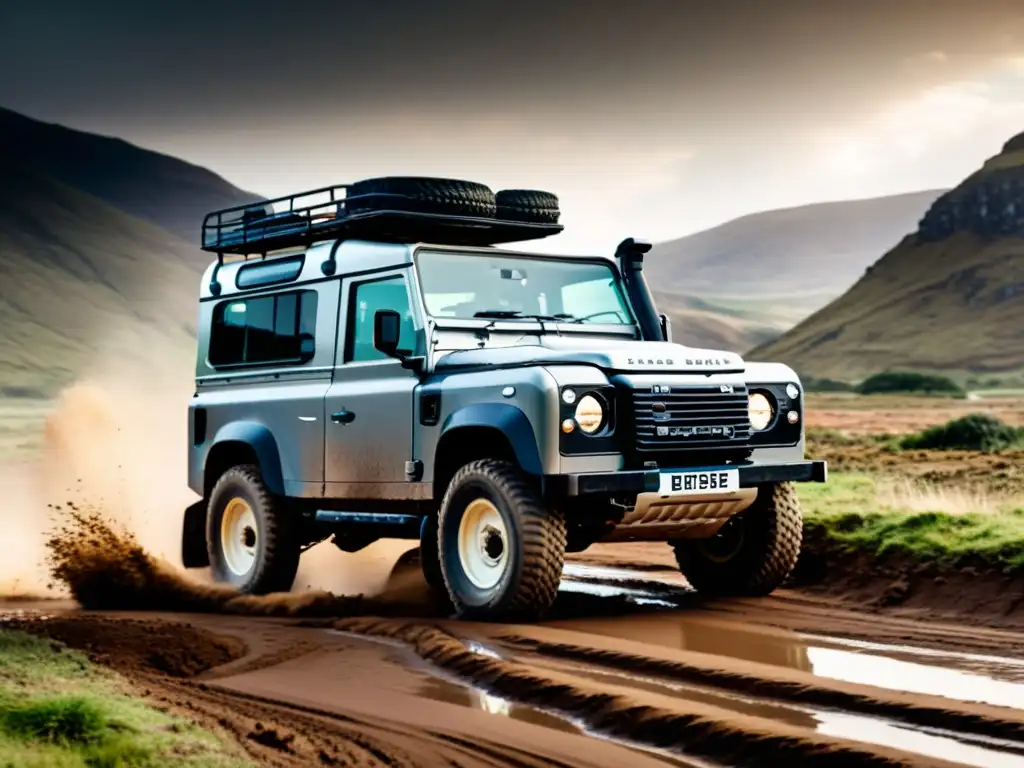 Un Land Rover Defender original atraviesa terreno montañoso, evocando la historia y evolución del Land Rover Defender