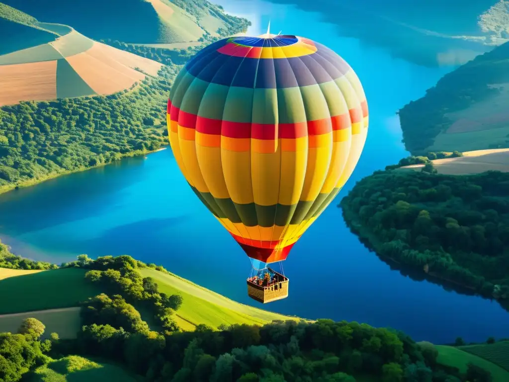 Exploración en globo aerostático sobre paisaje colorido y vibrante, con colinas, vegetación exuberante y río serpenteante