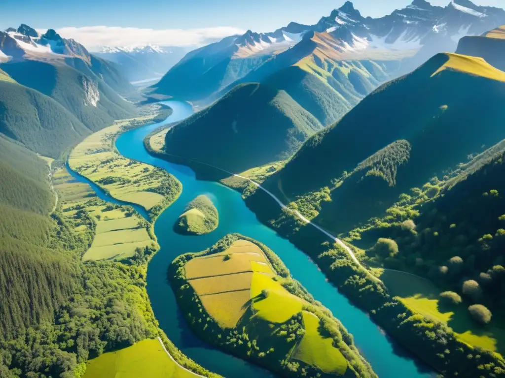 Un paisaje deslumbrante de colinas verdes y ríos cristalinos bajo el helicóptero