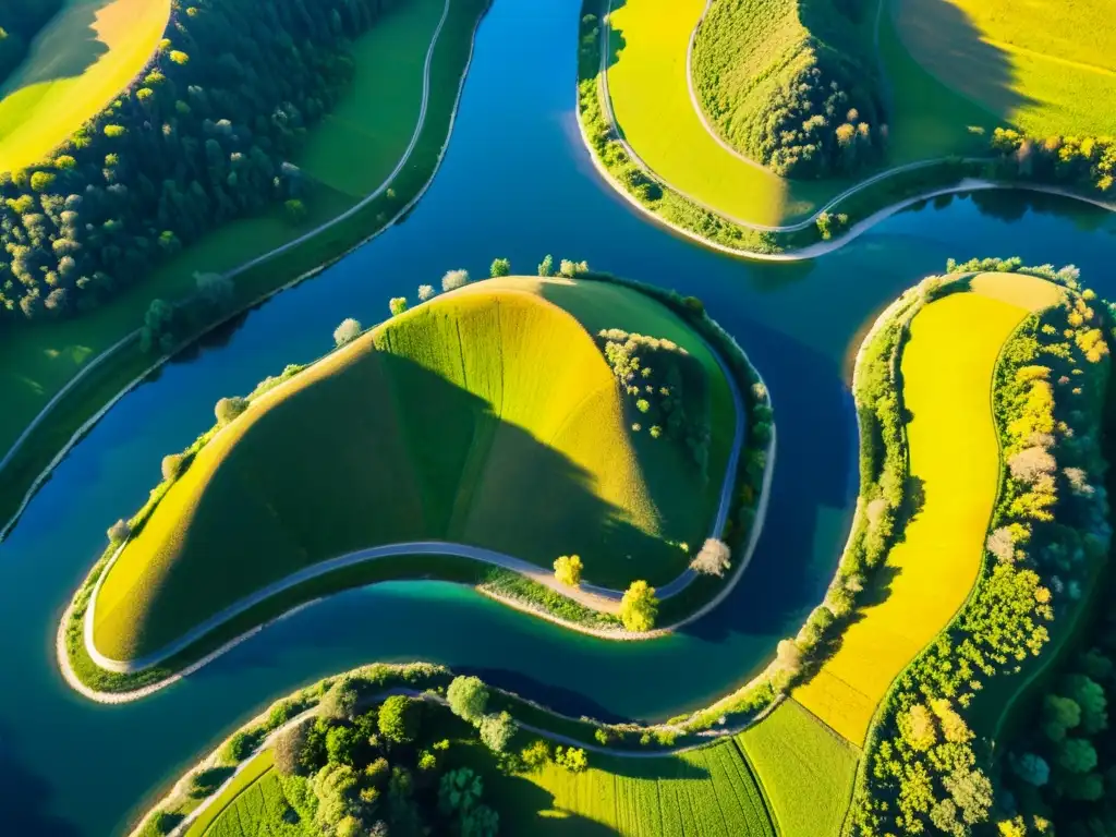 Un paisaje impresionante con colinas, ríos sinuosos y un cielo azul