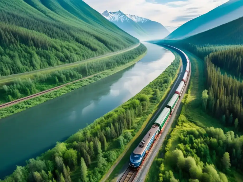 Un paisaje impresionante del tren Transiberiano serpenteando a través de la salvaje Siberia, evocando historia, evolución y medios de transporte