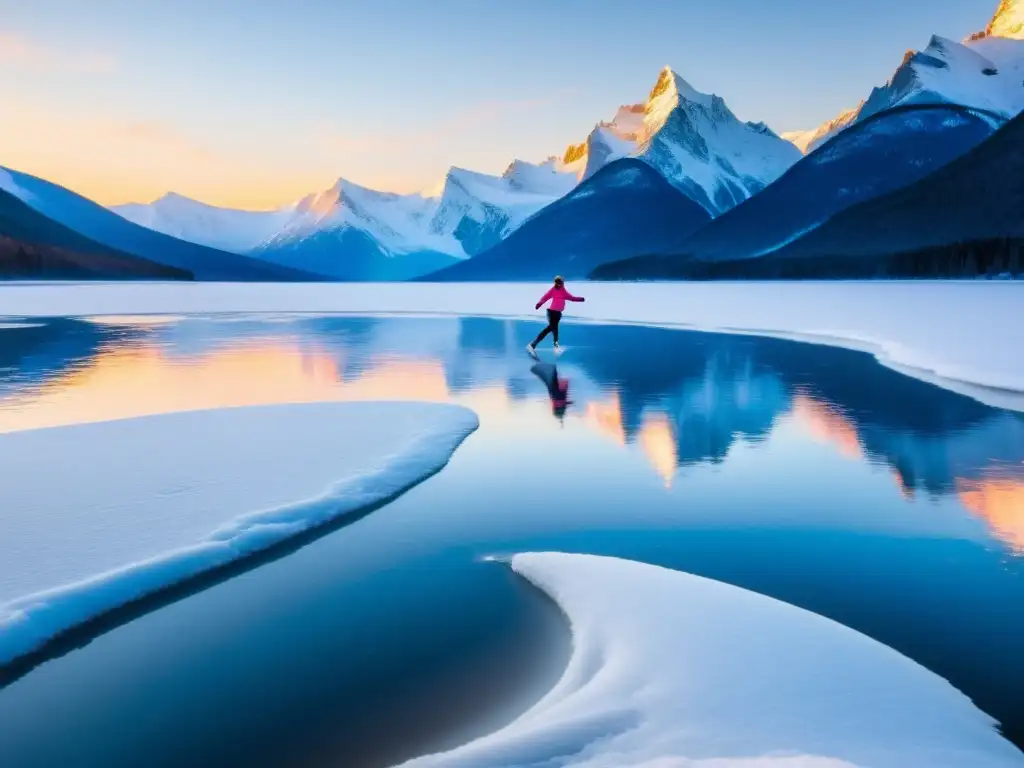 Patina en lago helado al atardecer Un paisaje invernal con lago congelado y patinadora creando elegantes figuras sobre el hielo