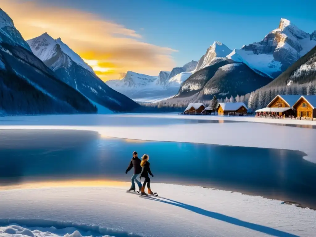 Patinar en el paraíso invernal: laguna congelada y montañas nevadas Un paisaje invernal mágico con un lago congelado, montañas nevadas y personas patinando en hielo