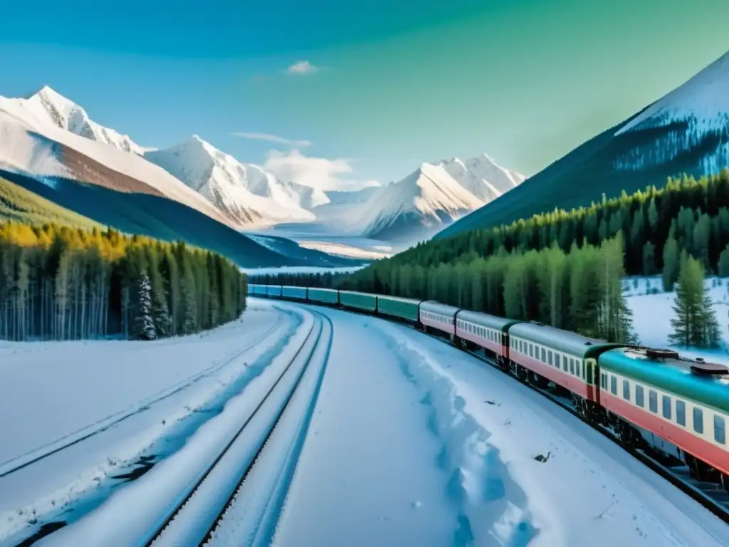 Un paisaje invernal del tren Transiberiano serpenteando entre montañas nevadas y bosques frondosos, pintado en colores vibrantes