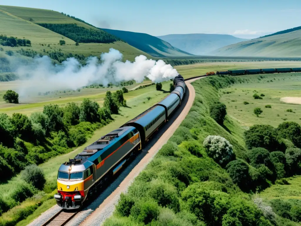 Un paisaje majestuoso dominado por un ferrocarril transcontinental que atraviesa la naturaleza serena