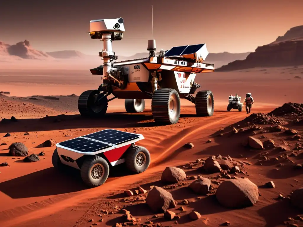 Un paisaje marciano detallado con un rover transportando suministros, desafiando la infraestructura marciana para la carga de vehículos eléctricos