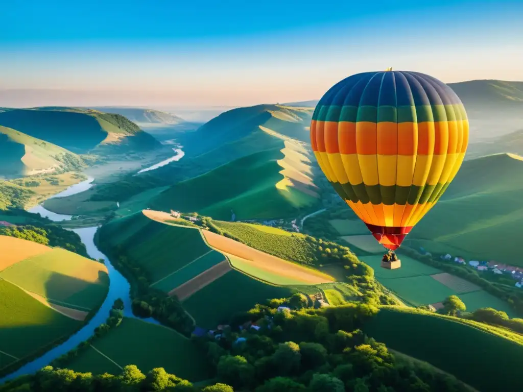 Exploración en globo aerostático sobre paisaje pintoresco al amanecer, transmitiendo serenidad y maravilla