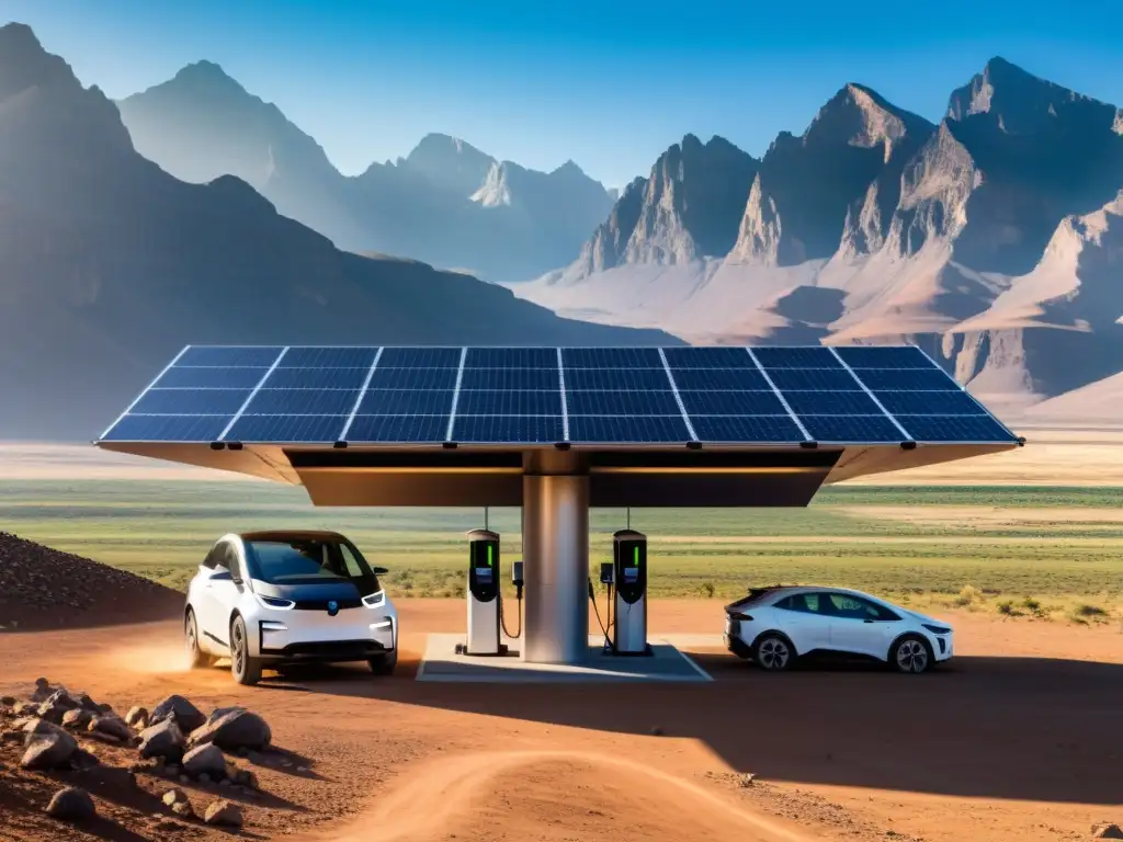 Un paisaje remoto y desafiante con estación de carga para vehículos eléctricos, rodeada de paneles solares y vehículos estacionados