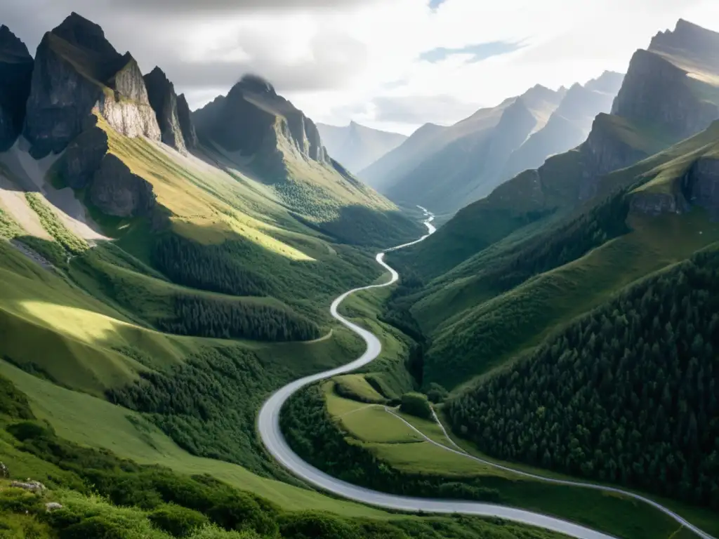 Un paisaje remoto de montañas y valles con un camino serpenteante, desafiante y soluciones en movilidad remota