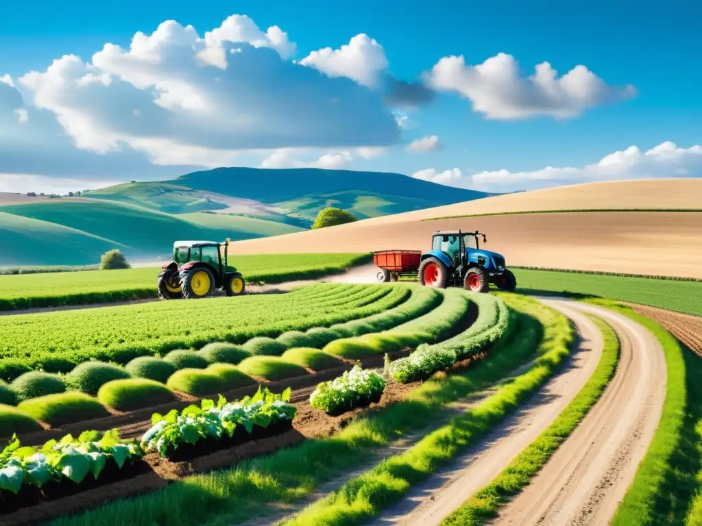 Un paisaje rural con colinas verdes y un tractor, contrastando lo tradicional con el desarrollo rural vehículos eléctricos