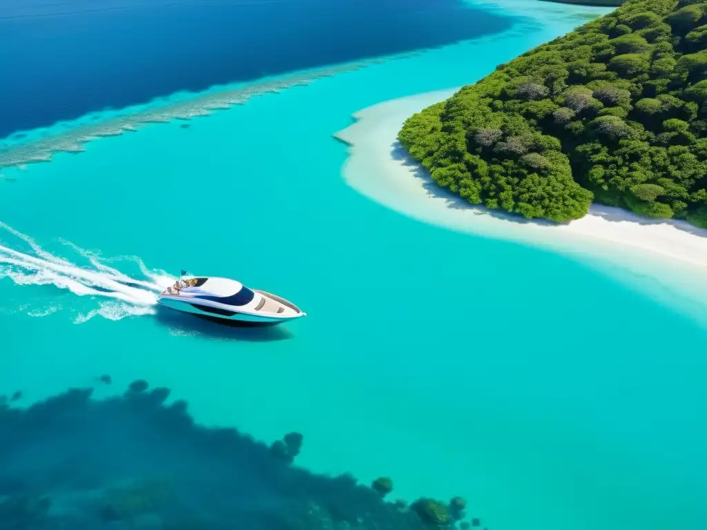Un paisaje sereno con un moderno barco eléctrico navegando en aguas turquesas, rodeado de exuberante naturaleza y arrecifes de coral