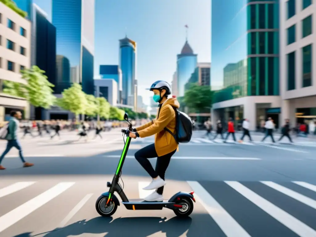 Un paisaje urbano bullicioso con un scooter eléctrico moderno en una intersección, rodeado de edificios y personas diversas