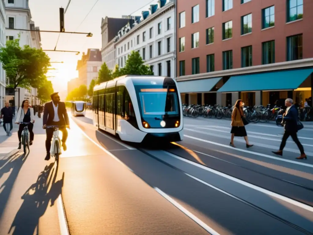 Urbano sostenible: Innovación y legislación Un paisaje urbano dinámico, con vehículos eléctricos y bicicletas en armonía