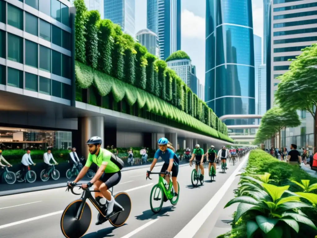 Un paisaje urbano futurista con ciclistas y bicicletas inteligentes sostenibles, rodeados de arquitectura moderna y naturaleza urbana