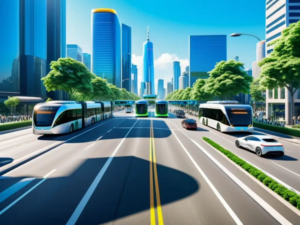 Un paisaje urbano futurista con sistemas de transporte inteligente y reducción de gases, entre ellos autobuses eléctricos y autos autónomos