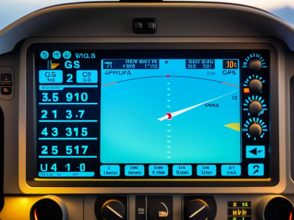 Panel de visualización de cabina iluminado, con sistemas GPS avanzados para aviación, mostrando múltiples waypoints, velocidad, altitud y rumbo