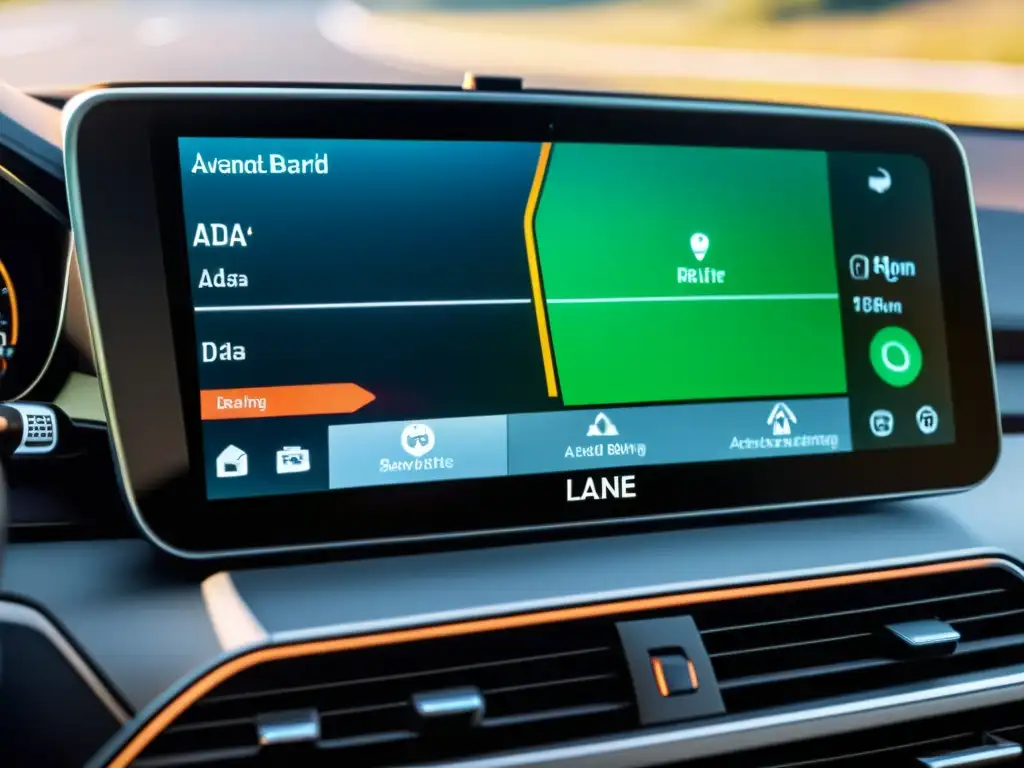 Panel de instrumentos de coche moderno con avanzados sistemas de asistencia al conductor, mostrando tecnología de vanguardia
