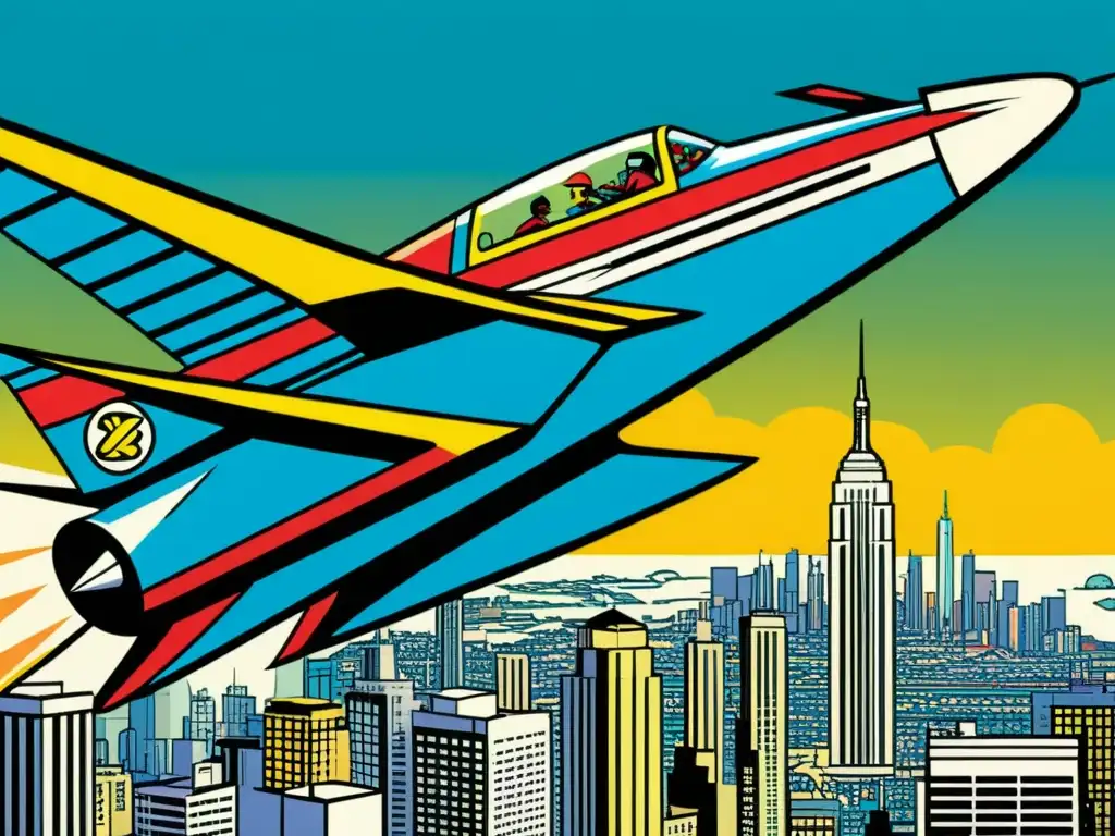 Un panel de cómic vintage muestra un avión futurista surcando el cielo de la ciudad