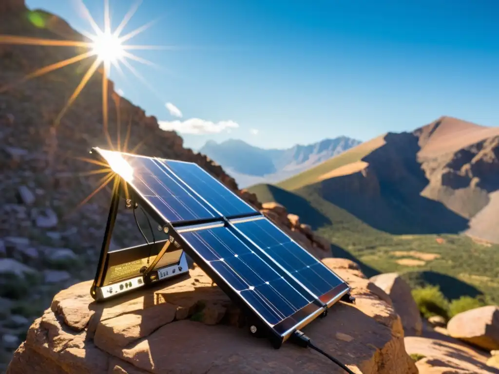 Paneles solares portátiles para viajes en la montaña, capturando la luz del sol con tecnología avanzada y paisaje imponente